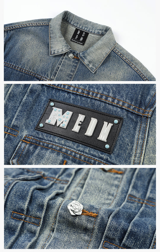MEDM Leather Logo Washed 2nd-Type Denim Jacket | Face 3 Face