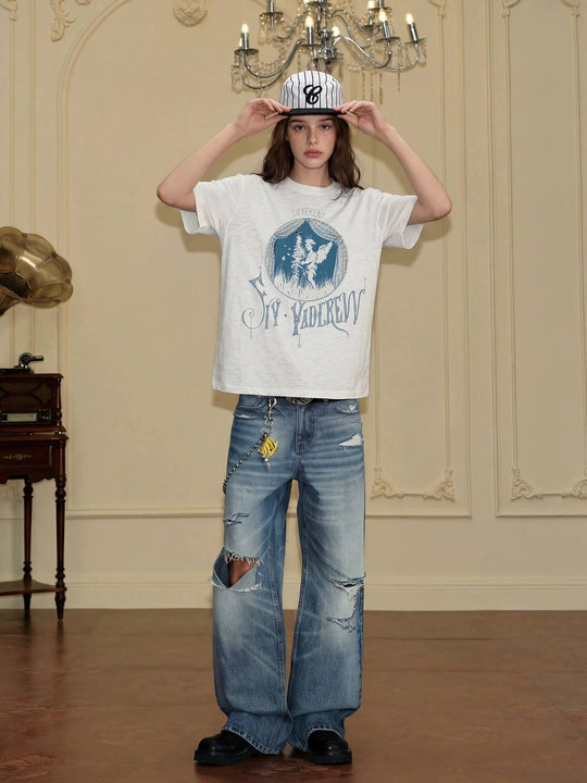 YADcrew Angel Print Star Studded Pearl Embellished Tee | Face 3 Face