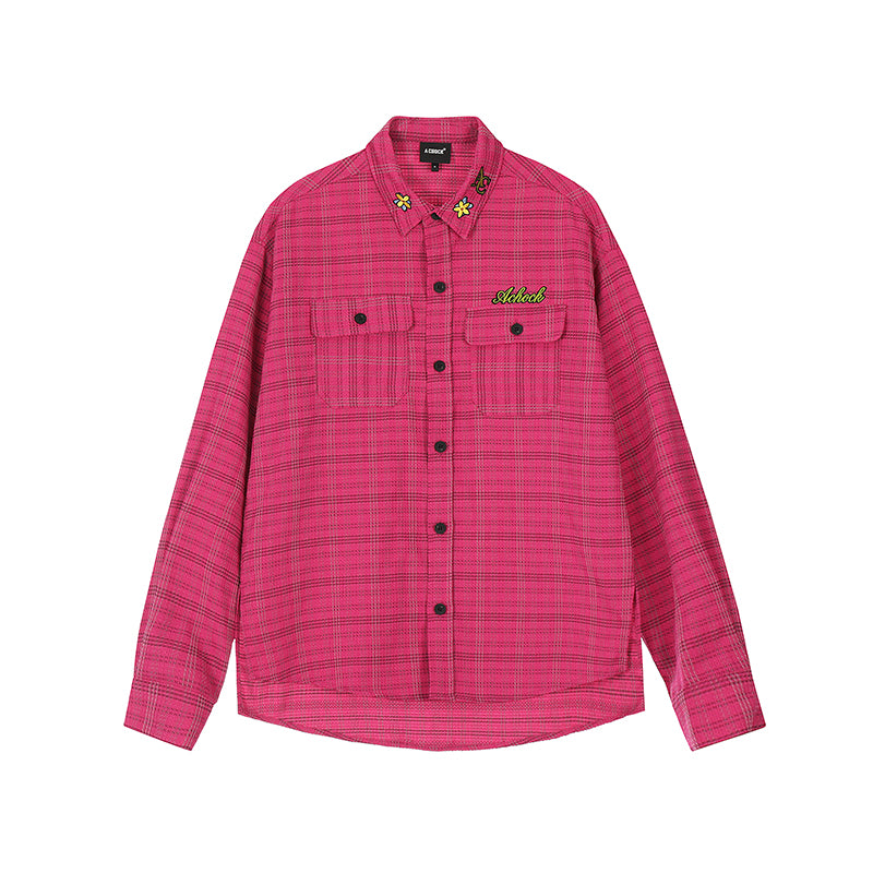 Achock Color Blocking Logo Embroidery Plaid Long Sleeve Shirt | Face 3 Face
