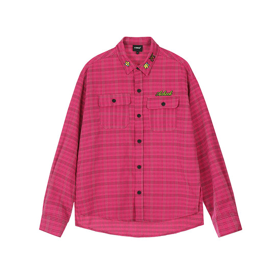 Achock Color Blocking Logo Embroidery Plaid Long Sleeve Shirt | Face 3 Face