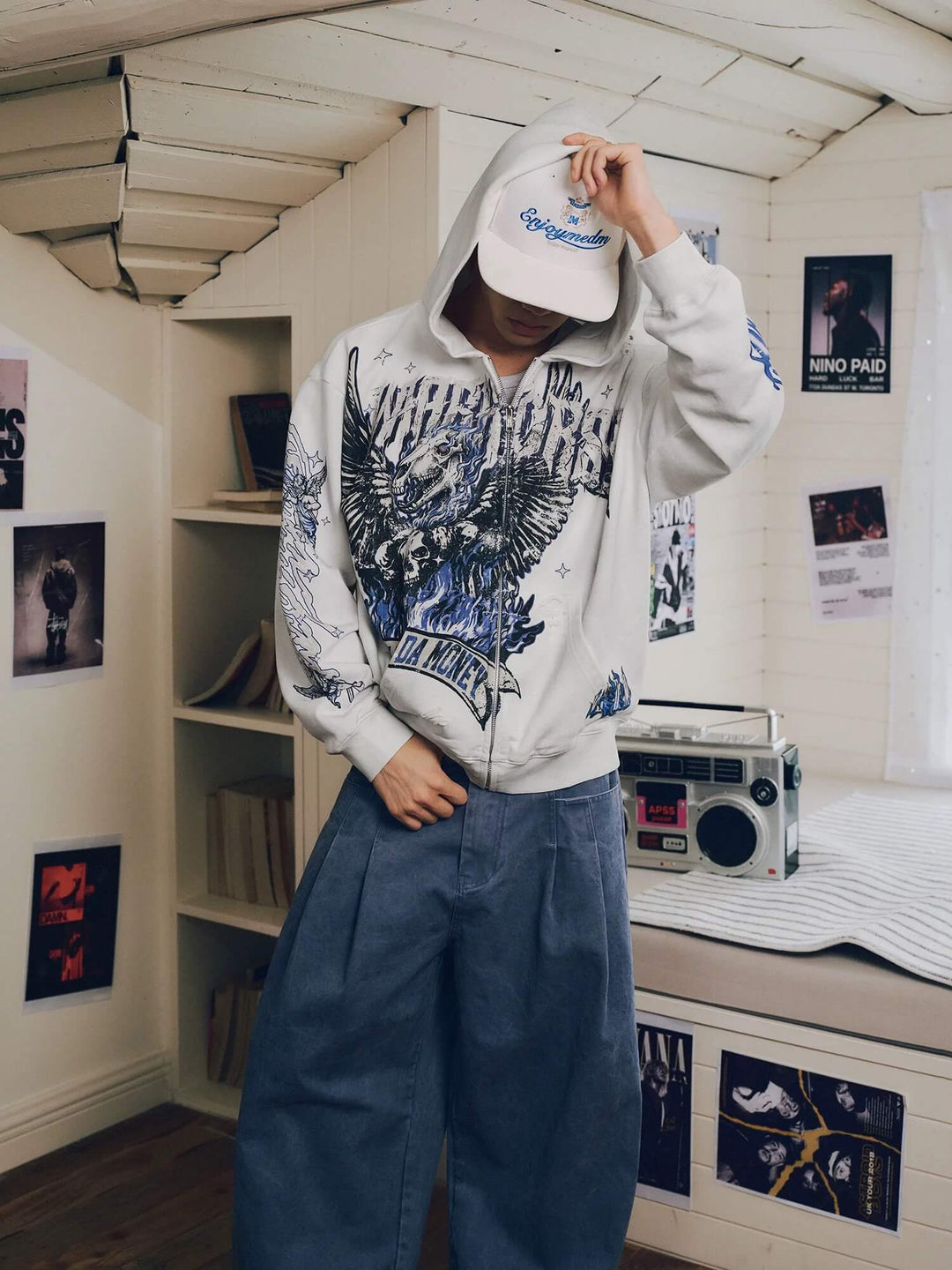 MEDM Skeleton Angel Graphic Print Distressed Zip Up Hoodie | Face 3 Face
