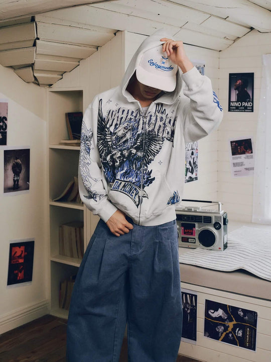 MEDM Skeleton Angel Graphic Print Distressed Zip Up Hoodie | Face 3 Face