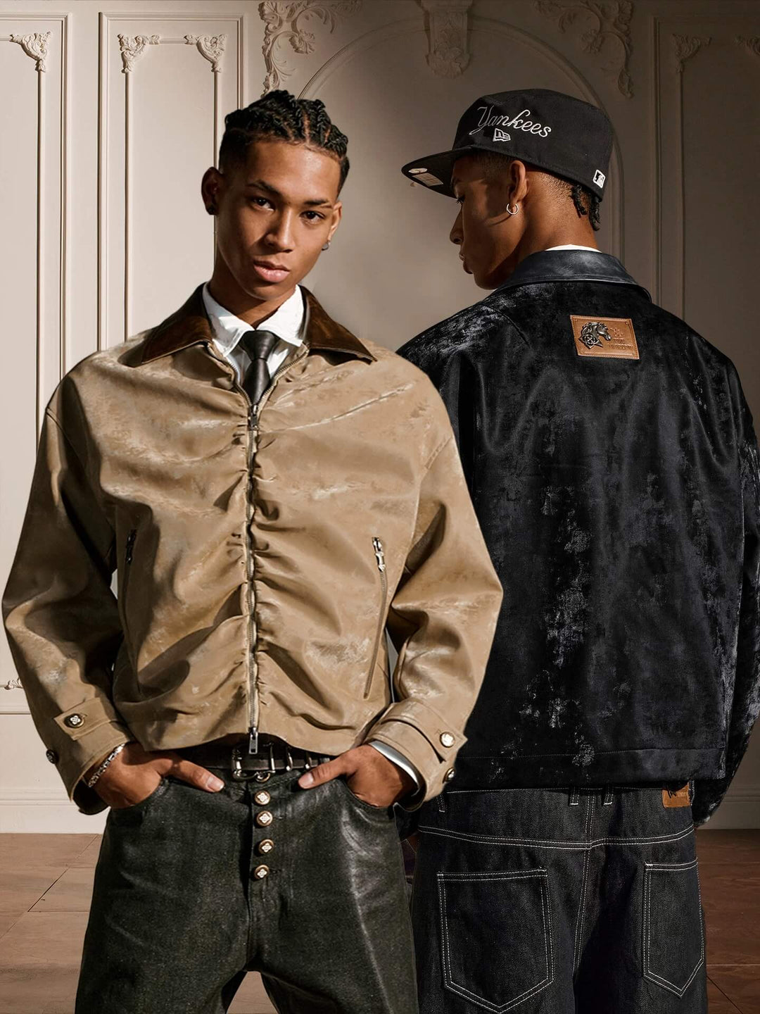 YADcrew Pleated Front Velvet PU Leather Jacket | Face 3 Face