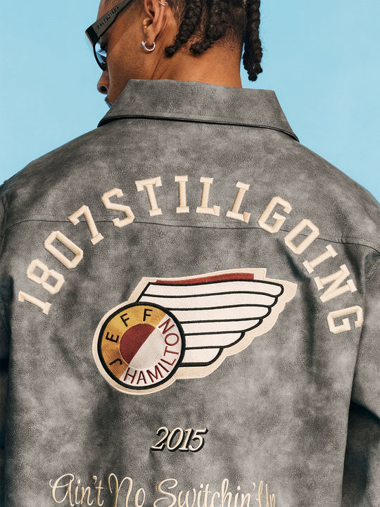 1807 JEFF HAMILTON Logo Embroidered Leather Detroit Jacket | Face 3 Face