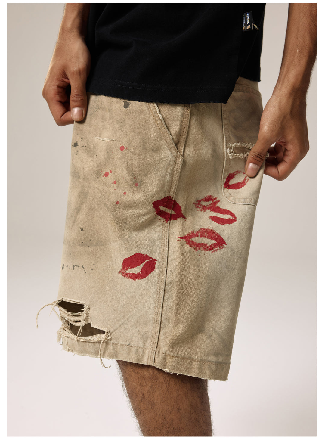 Remedy Kiss Mark Distressed Hole Work Painter Shorts | Face 3 Face