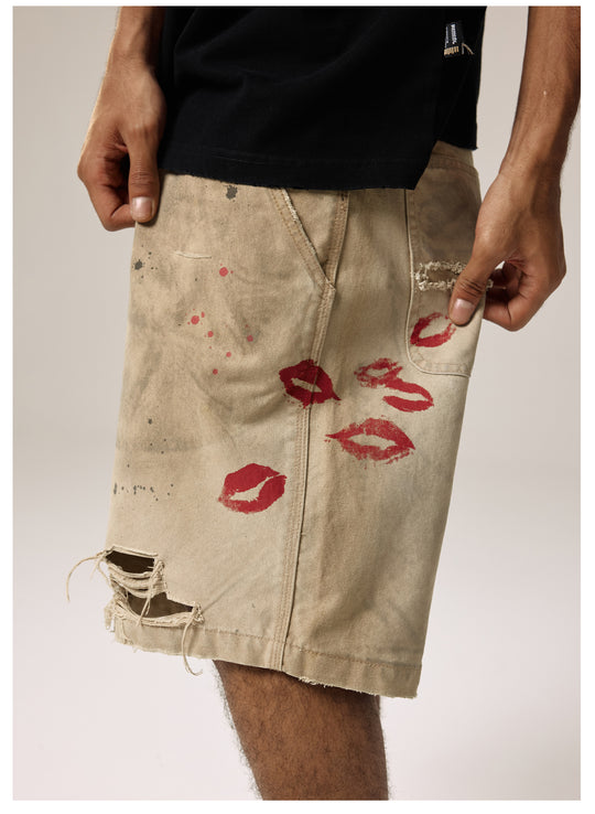 Remedy Kiss Mark Distressed Hole Work Painter Shorts | Face 3 Face