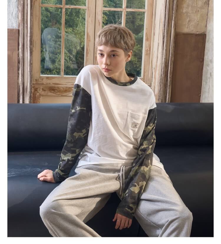 S45 Camouflage Sleeve Color Block Long Sleeve Tee
