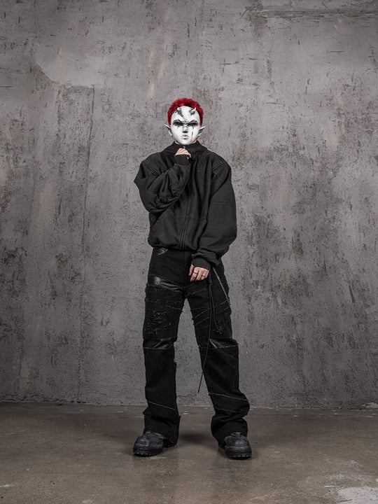 UNDERWATER Aged Silhouette Shirred Biker Armor Zip-Up Hoodie | Face 3 Face