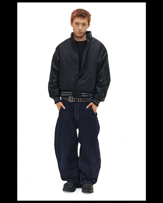 NOVACAM PU Leather Sleeve Puffer Varsity Jacket | Face 3 Face