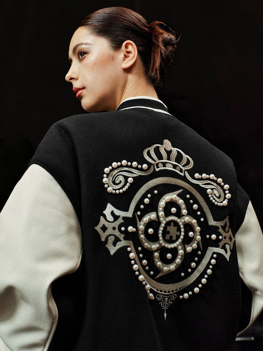 YADcrew x BIPOLAR Embroidered Pearl Beaded Varsity Jacket | Face 3 Face