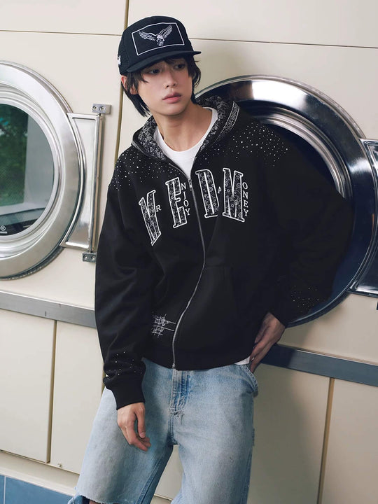 MEDM Paisley Hood Lining Rhinestone Embellished Zip Up Hoodie | Face 3 Face