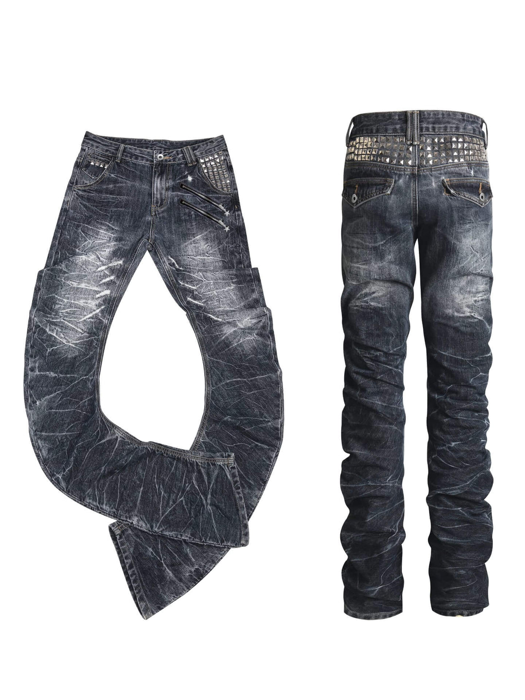 Night Lab Heavily Washed Distressed Multi Rivet Curved Jeans