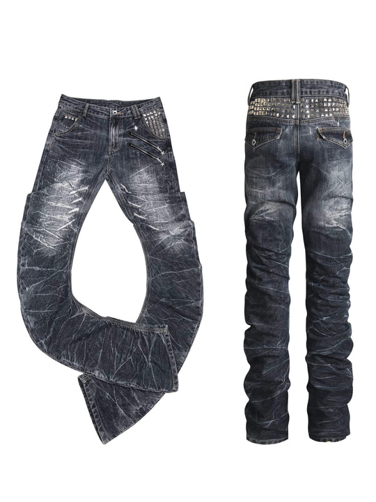 Night Lab Heavily Washed Distressed Multi Rivet Curved Jeans