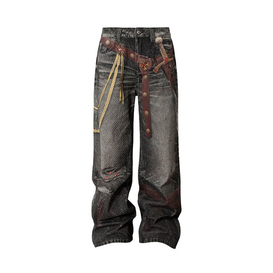 YADcrew Knight Sword Print Baggy Jeans | Face 3 Face