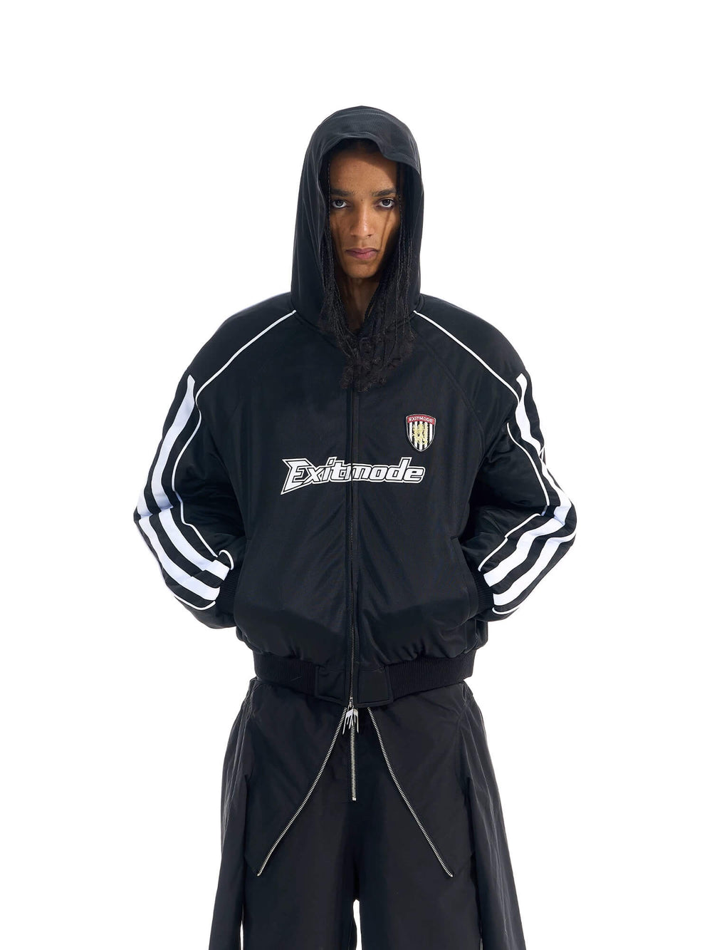 EXITMODE BY BLIND NO PLAN Sport Stripe Sleeve Hooded Bomber Jacket | Face 3 Face