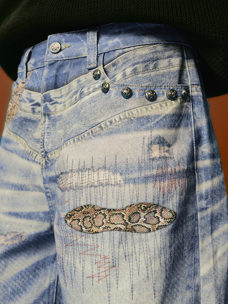 YADcrew Python Random Stitch Printed Rivet Baggy Jeans | Face 3 Face