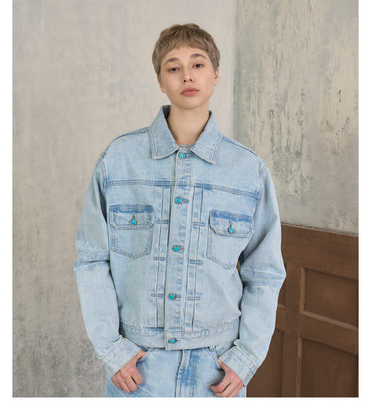 S45 Light Blue Heavy Washed Turquoise Button Denim Jacket | Face 3 Face
