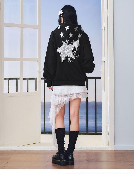 MEDM Lace Number Embroidered Star Print Zip Up Hoodie | Face 3 Face