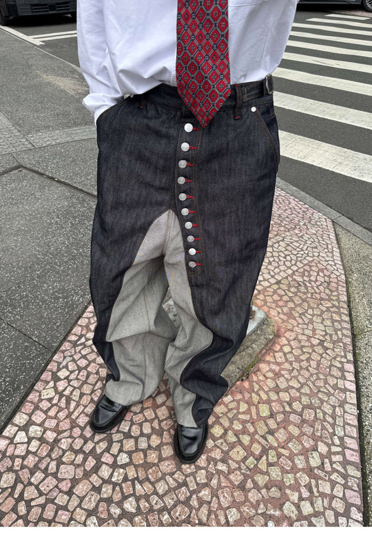 STEEPC Button Fly Reverse Patchwork Baggy Jeans | Face 3 Face