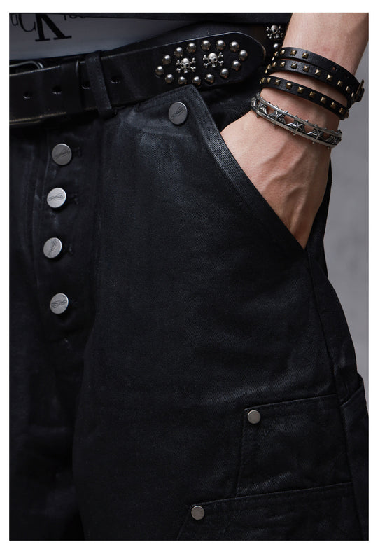 ANTIDOTE Brushed Waxed Studded Double Knee Cutoff Baggy Shorts | Face 3 Face