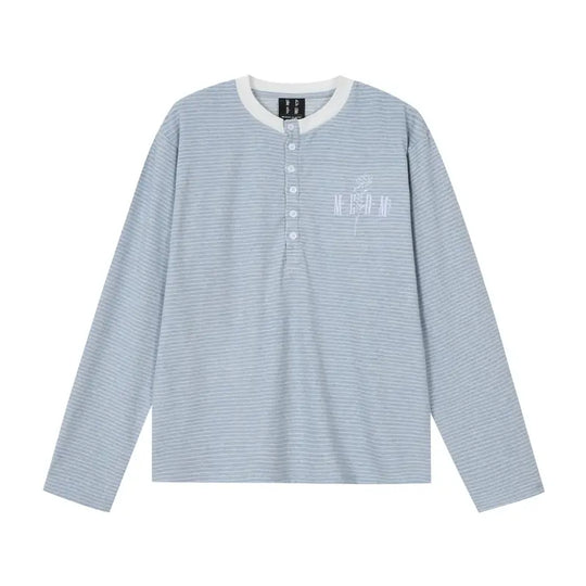 MEDM Rose Embroidered Striped Henley Long Sleeve Tee | Face 3 Face