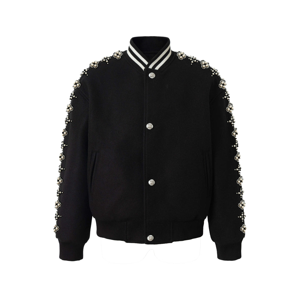 YADcrew Pearl Studded Metal Button Varsity Jacket | Face 3 Face