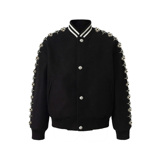 YADcrew Pearl Studded Metal Button Varsity Jacket | Face 3 Face