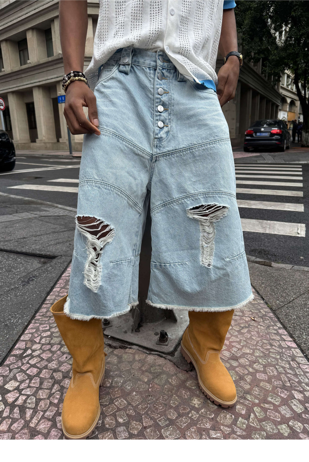 STEEPC Washed Distressed Button Fly Cutoff Baggy Denim Shorts | Face 3 Face
