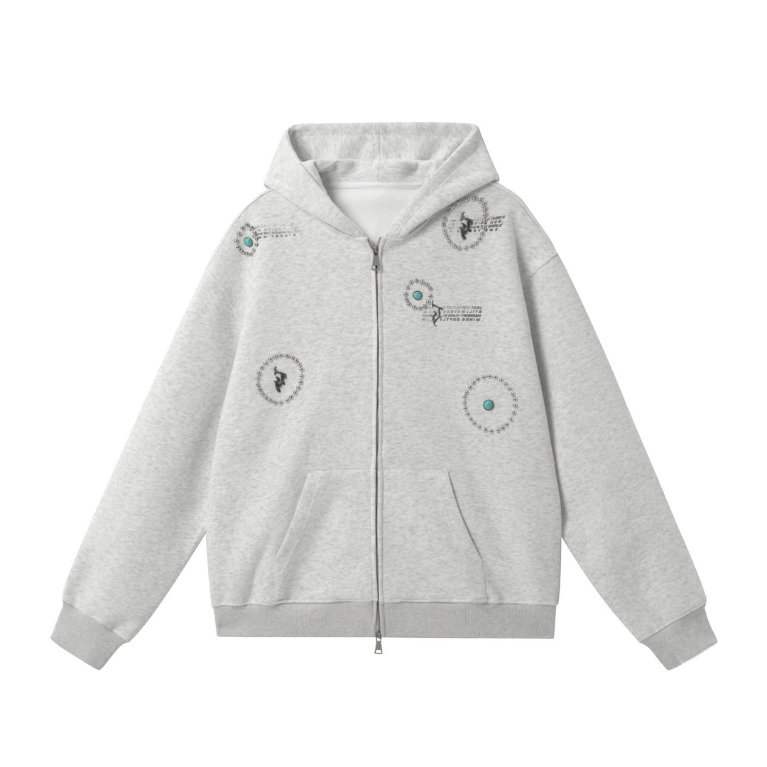 JHYQ Turquoise Accent Metal Logo Studded Circle Double Zipper Hoodie | Face 3 Face