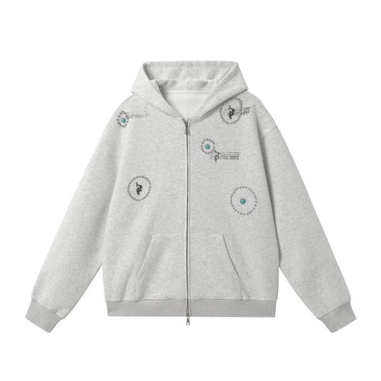 JHYQ Turquoise Accent Metal Logo Studded Circle Double Zipper Hoodie | Face 3 Face