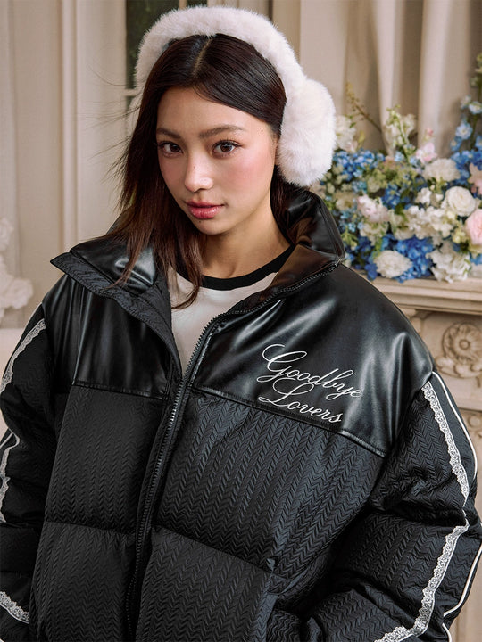 Harsh and Cruel PU Leather Lace Panel Short Puffer Jacket | Face 3 Face