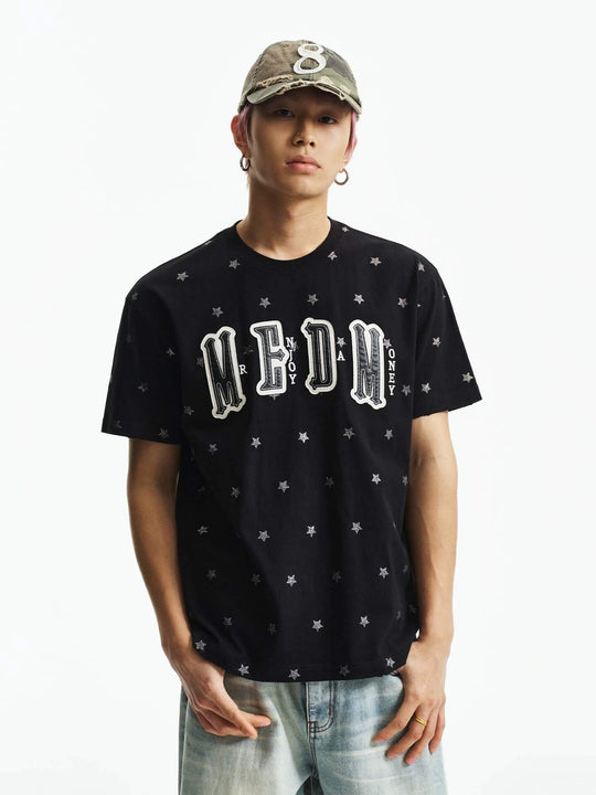 MEDM All Over Glitter Star Print Logo Patch Short Sleeve Tee | Face 3 Face