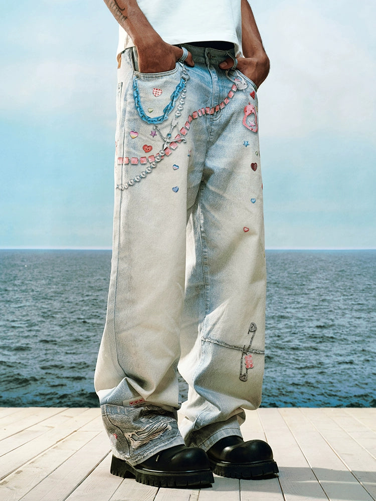 YADcrew Cute Heart Photorealistic Print Jeans | Face 3 Face