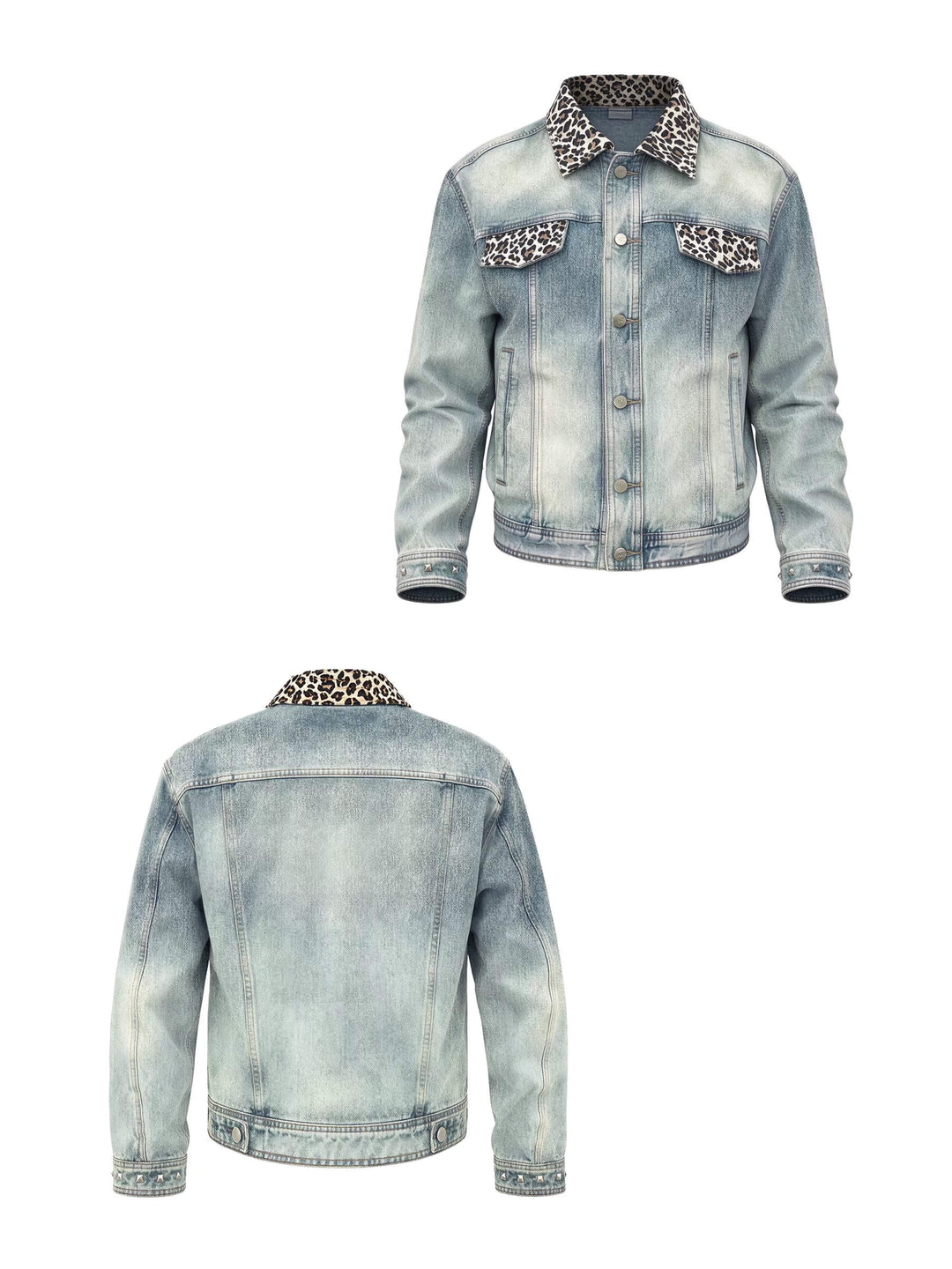 KARMANISTIC Leopard Print Collar Pocket Flap Washed Denim Jacket | Face 3 Face