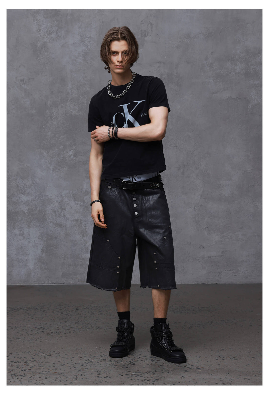 ANTIDOTE Brushed Waxed Studded Double Knee Cutoff Baggy Shorts | Face 3 Face