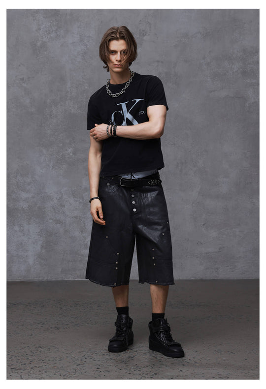 ANTIDOTE Brushed Waxed Studded Double Knee Cutoff Baggy Shorts | Face 3 Face