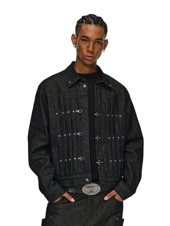 ANTIDOTE Turquoise Studded Pleated Buckle Denim Jacket | Face 3 Face