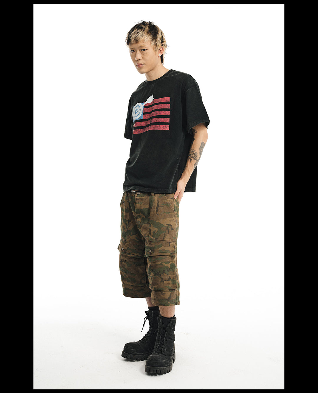 NOVACAM Washed Backstitch Vintage Print Black & Camouflage Tee | Face 3 Face