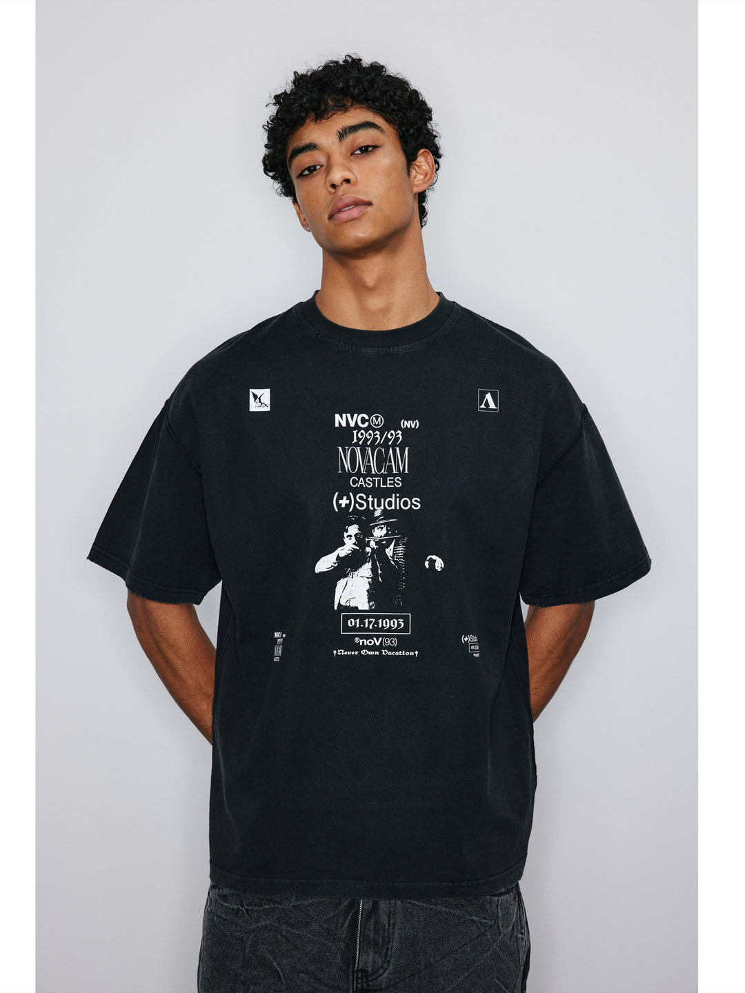 NOVACAM Vintage Washed Crackle Print Reverse Stitching Tee | Face 3 Face