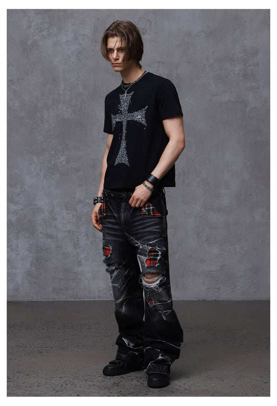 ANTIDOTE Faded Cross and Wings Print Short Sleeve Tee