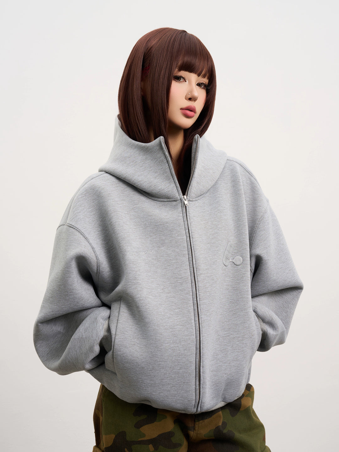 AFGK Air Layer High Collar Embroidered Oversized Zip-Up Hoodie | Face 3 Face