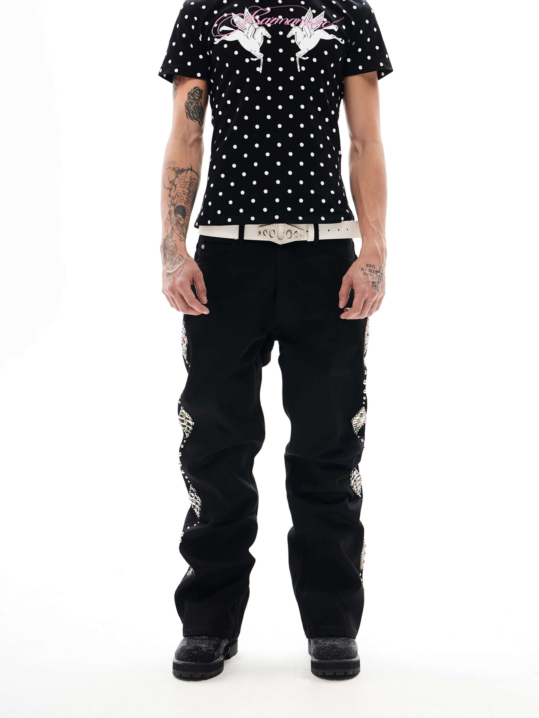 KARMANISTIC Studded Crystal and Leather Side Design Black Jeans | Face 3 Face