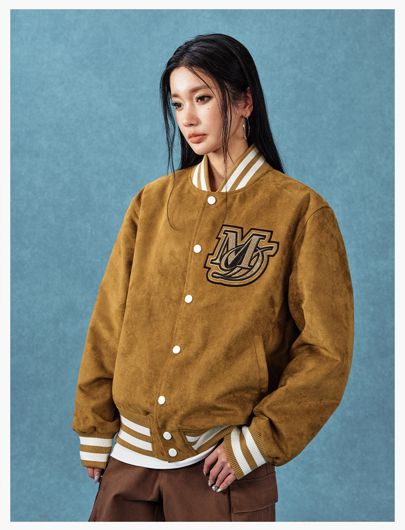 MEDM Rhinestone-Embellished Suede Varsity Jacket | Face 3 Face