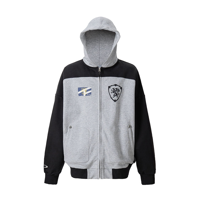 F2CE Color Block Vintage Print Zip Up Hoodie | Face 3 Face