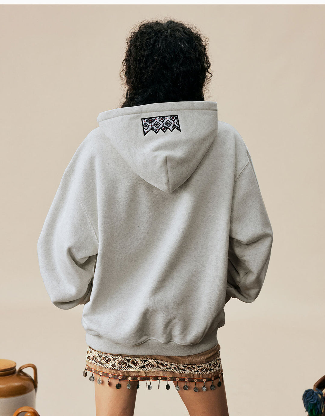 MEDM Ethnic Embroidered Patch Pearl Oversized Hoodie | Face 3 Face