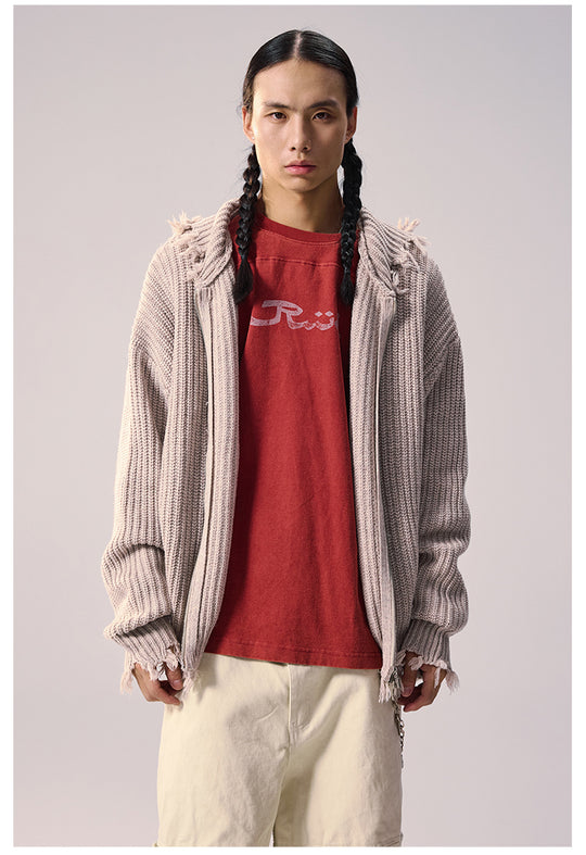 Remedy Distressed Hooded Zipper Knit Cardigan | Face 3 Face