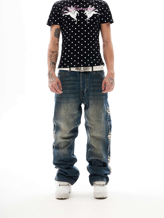 KARMANISTIC Studded Crystal and Leather Side Design Washed Jeans | Face 3 Face