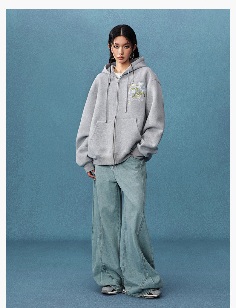 MEDM Floral Embroidery Air Layer Zip-Up Hoodie | Face 3 Face