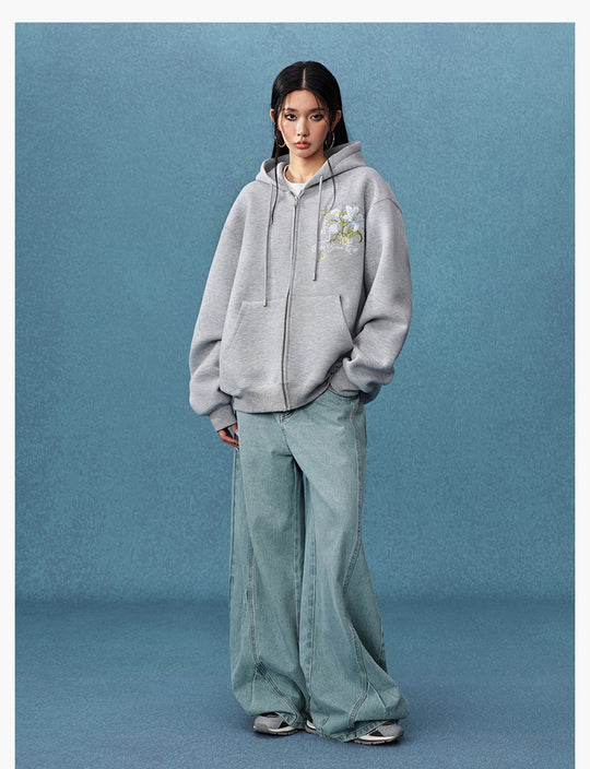 MEDM Floral Embroidery Air Layer Zip-Up Hoodie | Face 3 Face