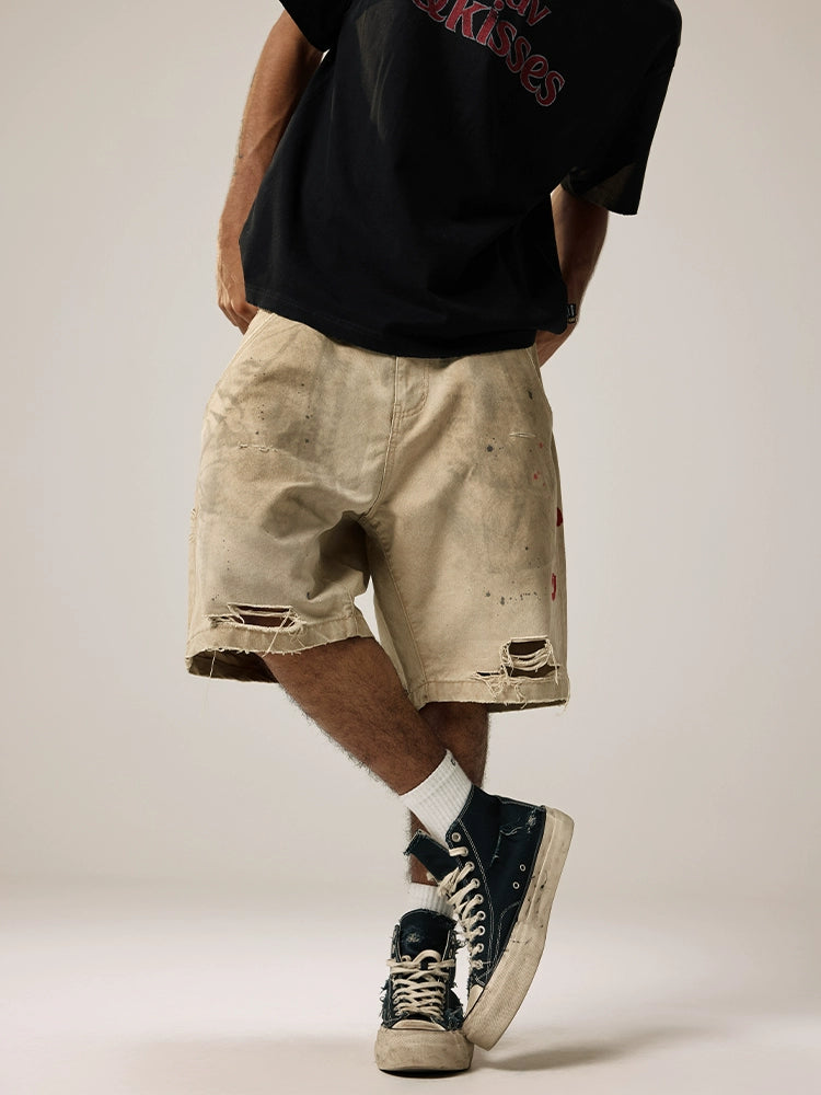 Remedy Kiss Mark Distressed Hole Work Painter Shorts | Face 3 Face